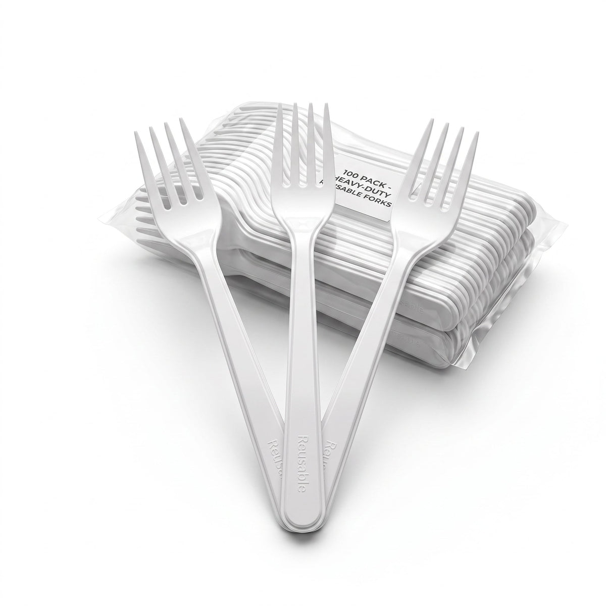 Pack of 100 white heavy-duty reusable plastic forks
