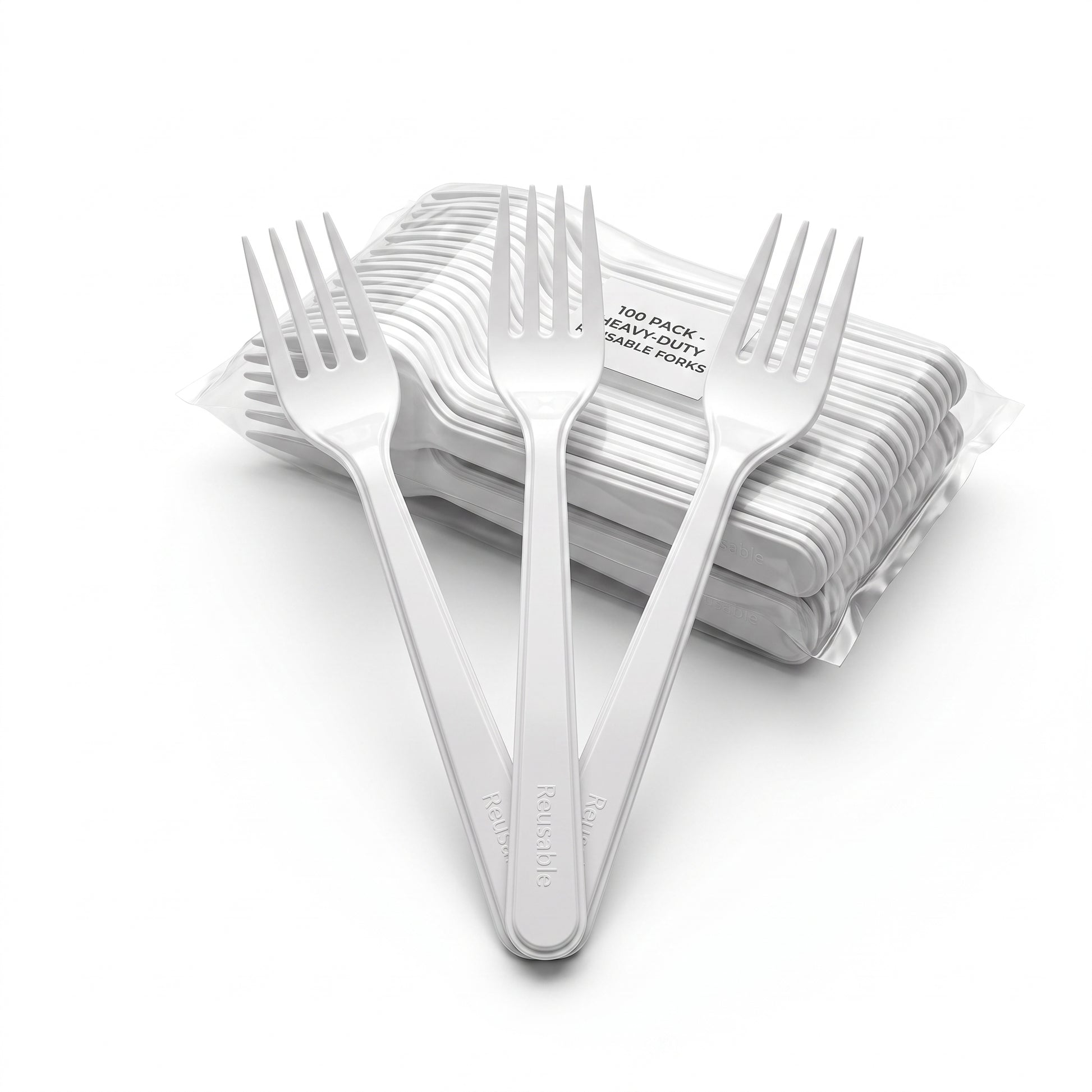 Pack of 100 white heavy-duty reusable plastic forks with three loose forks showing the embossed Reusable handle
