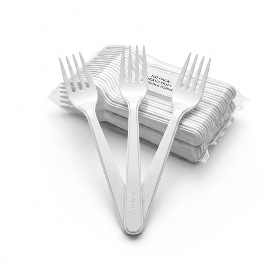 Pack of 100 white heavy-duty reusable plastic forks with three loose forks showing the embossed Reusable handle
