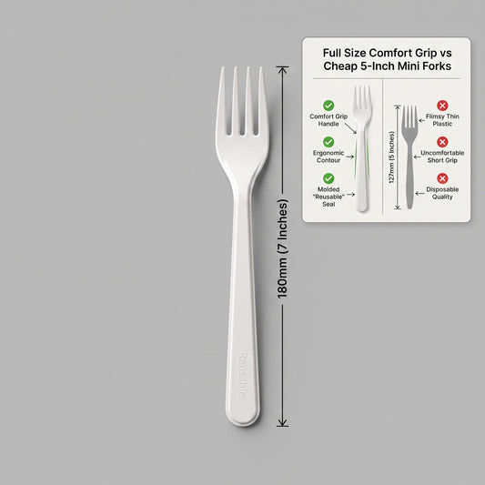 A white 7 inch 180mm reusable plastic full-size fork is shown on a light gray background next to an informational comparison graphic that reads 'Full Size Comfort Grip vs Cheap 5-Inch Mini Forks' with measurements and feature callouts.