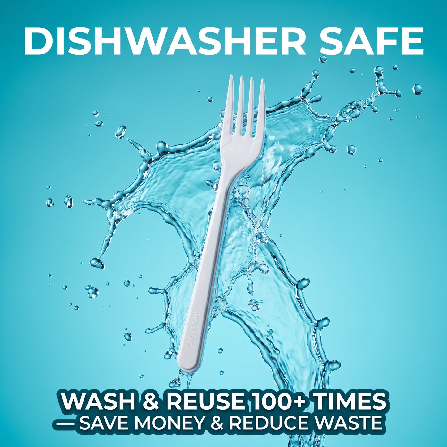 White reusable plastic fork in a splash of water, dishwasher safe and washable for 100+ uses