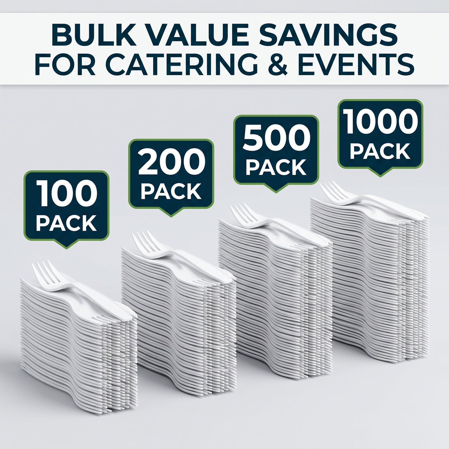Stacks of white reusable plastic forks in 100, 200, 500 and 1000 pack bulk sizes for catering and events