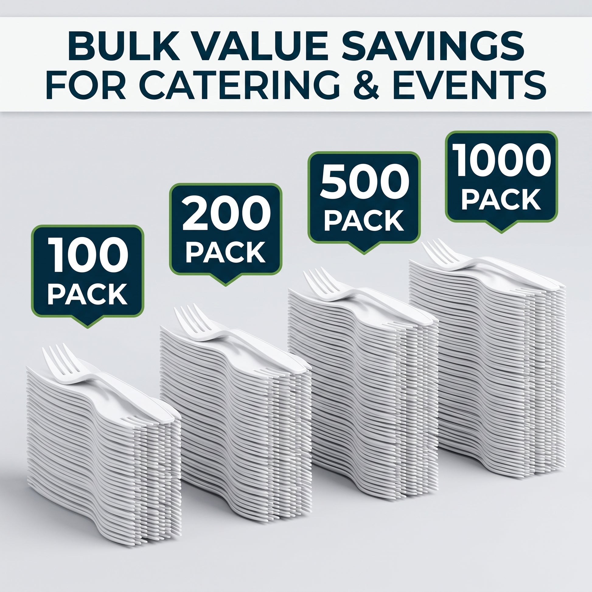Stacks of white reusable plastic forks in 100, 200, 500 and 1000 pack bulk sizes for catering and events