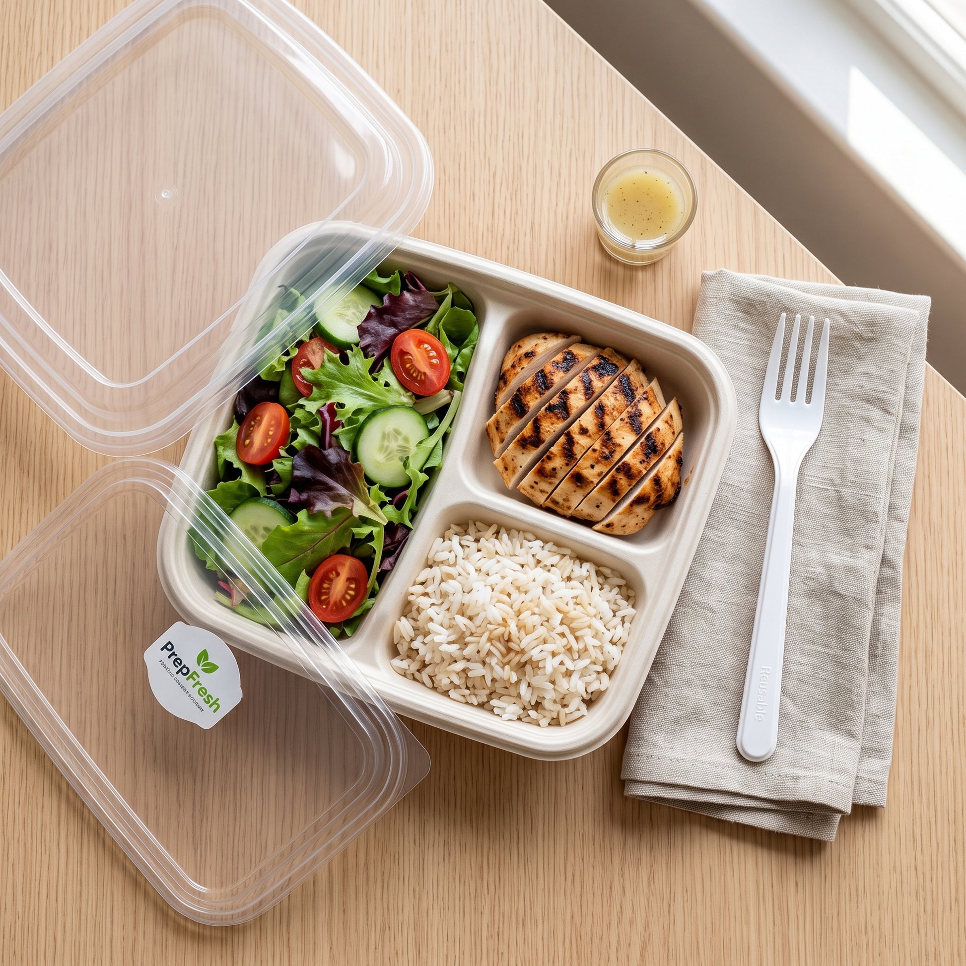 White reusable plastic fork on a linen napkin beside a meal prep container of salad, grilled chicken and rice