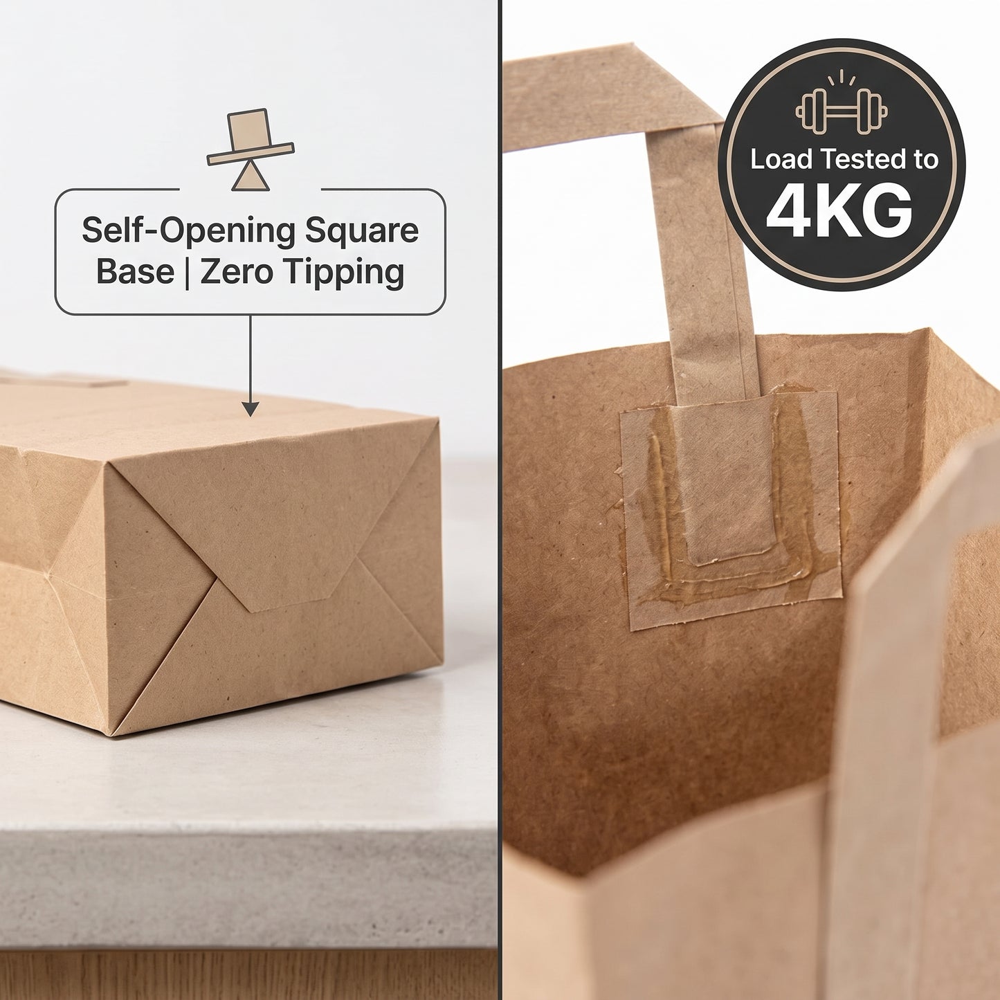 Flat Handle Brown Kraft Paper Bags - Heavy Duty Takeaway Packaging