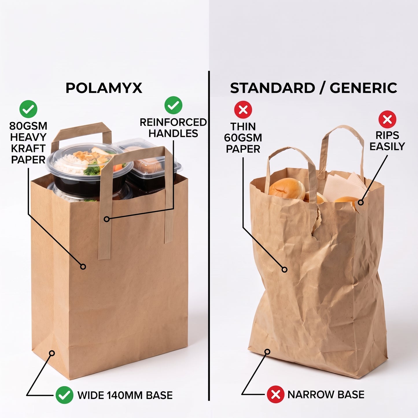 Flat Handle Brown Kraft Paper Bags - Heavy Duty Takeaway Packaging
