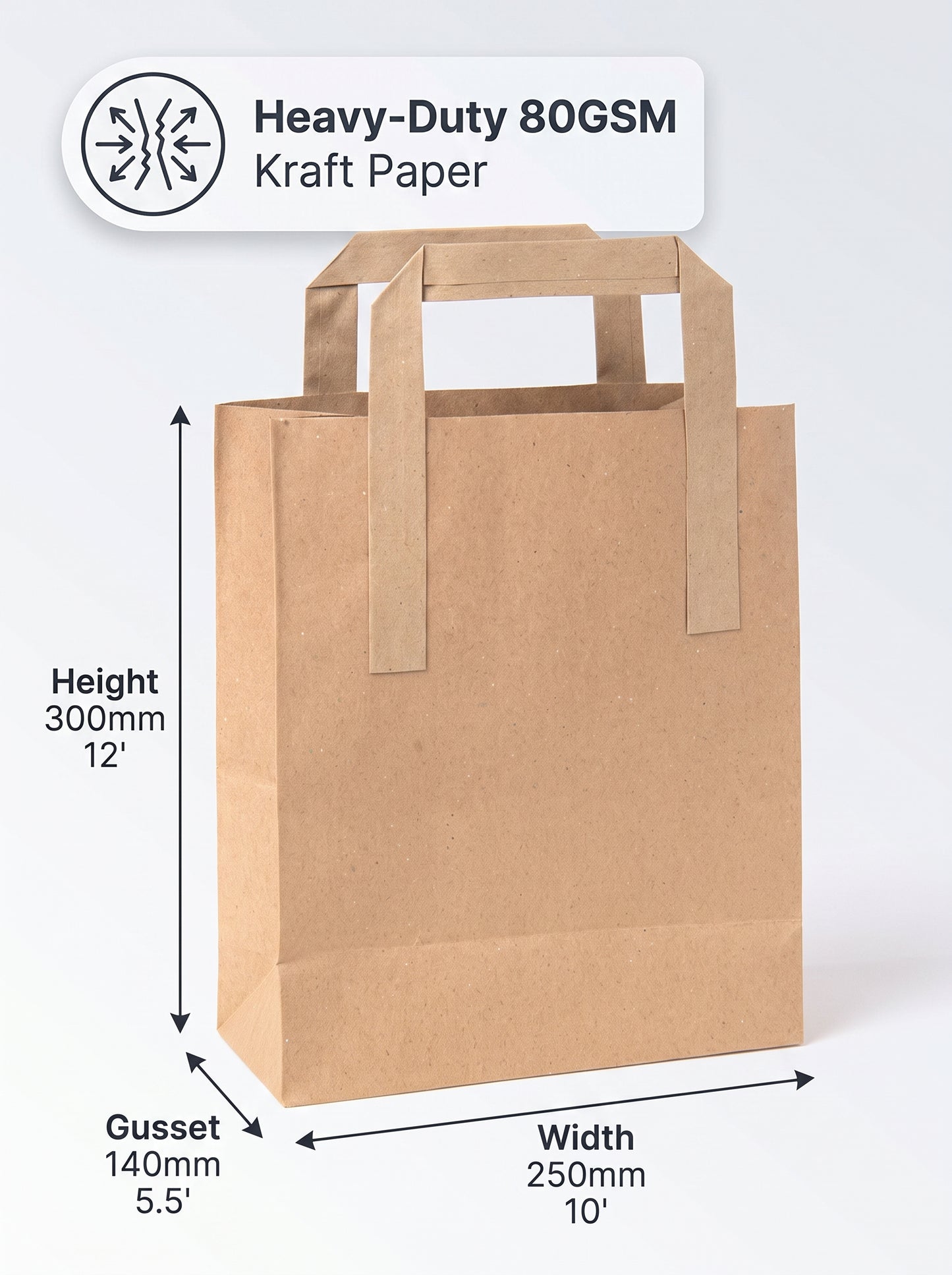 Flat Handle Brown Kraft Paper Bags - Heavy Duty Takeaway Packaging