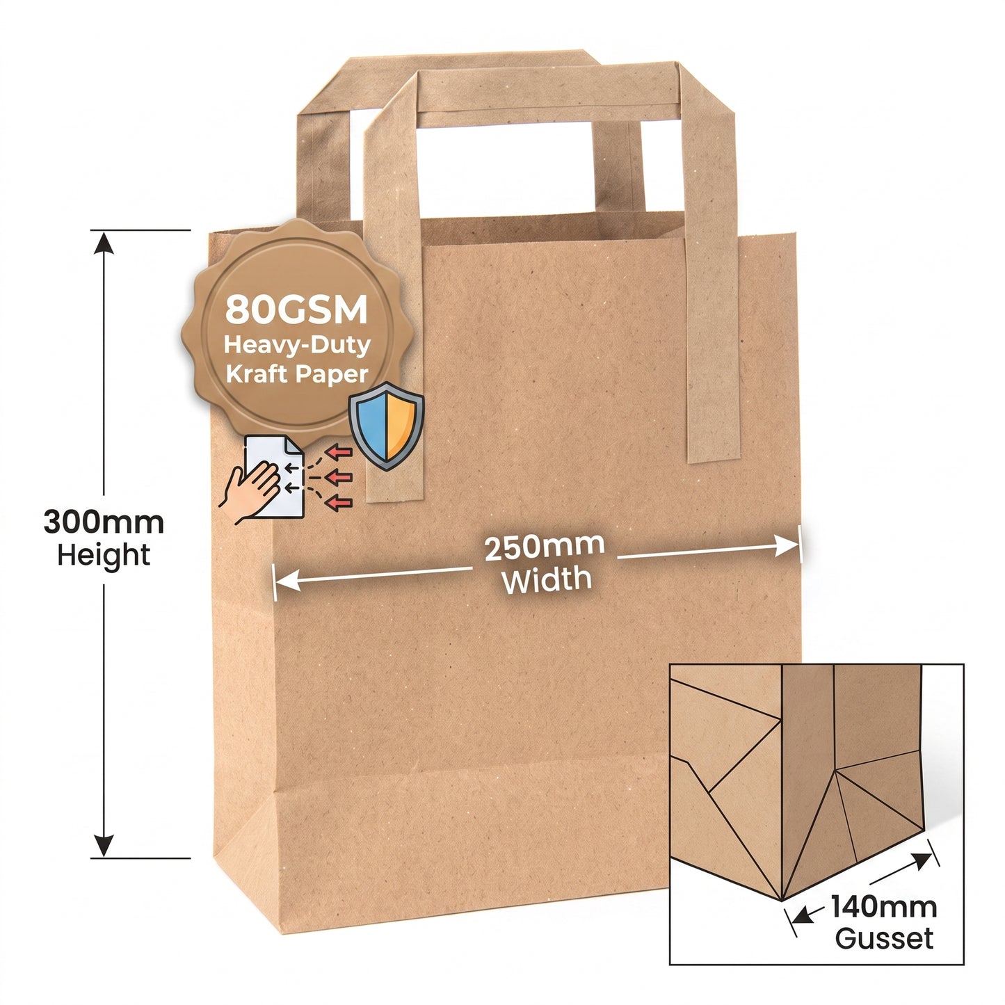 Flat Handle Brown Kraft Paper Bags - Heavy Duty Takeaway Packaging