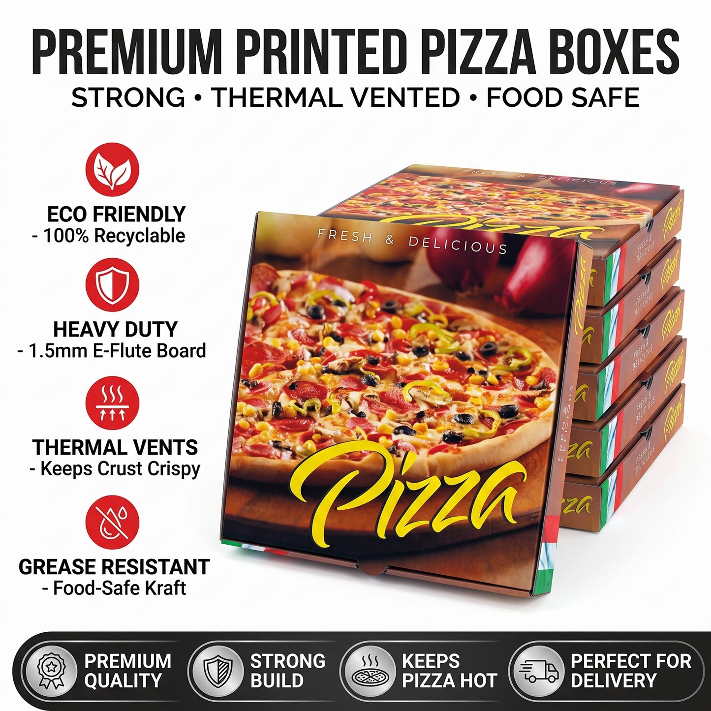 10" Full Colour Printed Pizza Boxes - E-Flute Corrugated