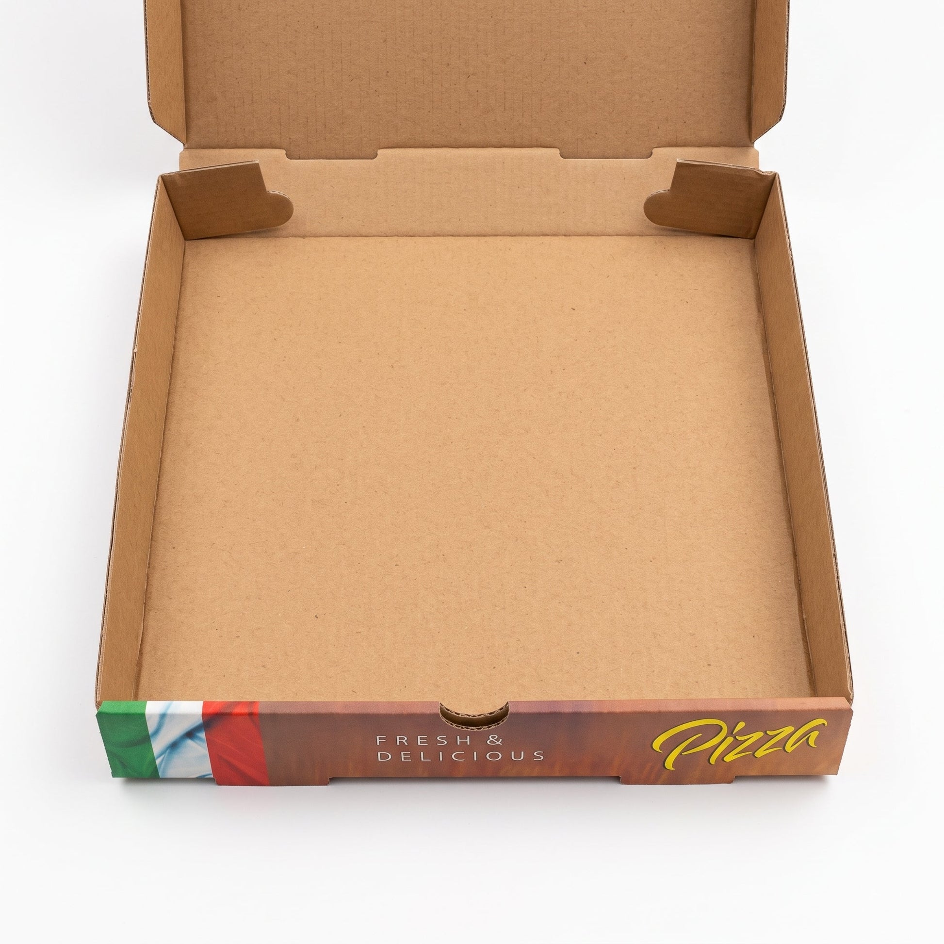 Open pizza box interior showing the food-safe kraft base and pre-scored tuck slot lid